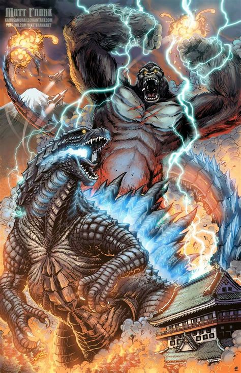 godzilla attacking an animal with lightning in the background