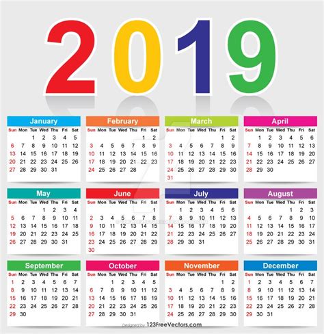 Colorful 2019 Calendar Free Vector by 123freevectors on DeviantArt