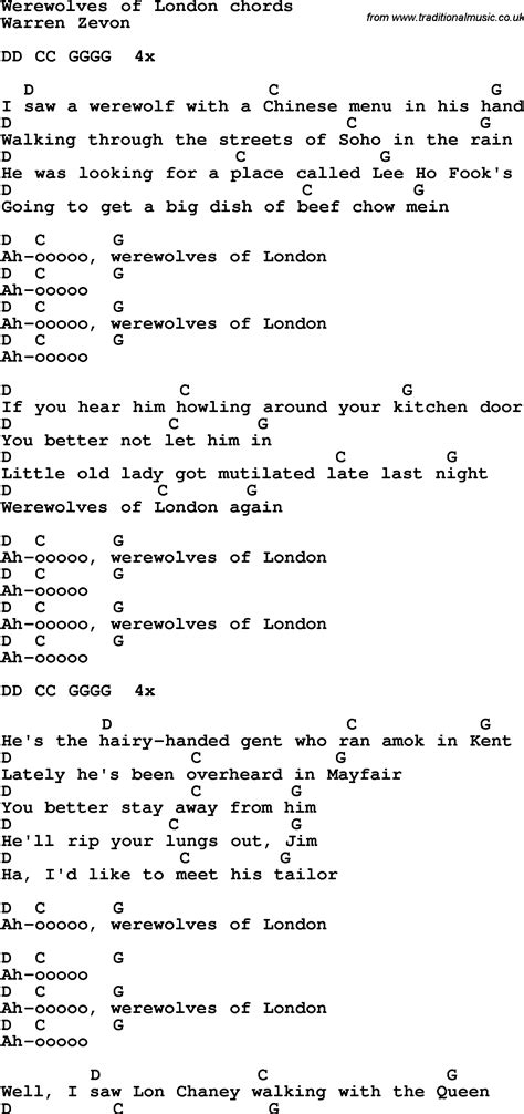 Song lyrics with guitar chords for Werewolves Of London