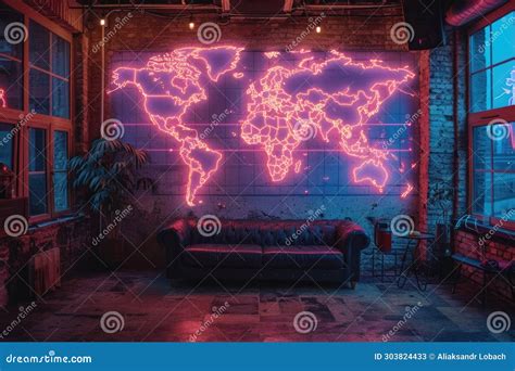 A World Map on the Wall with Neon Lighting. Designer Decor on the Wall in the Room Stock ...