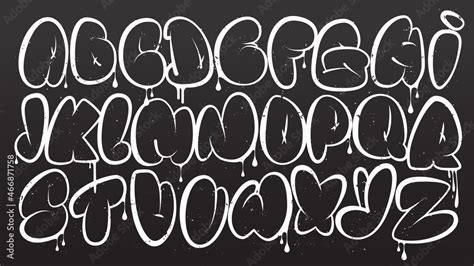 Graffiti alphabet. Bubble graffiti letters outline. White uppercase letters with texture effect ...