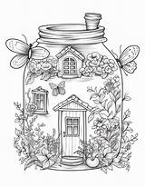 50 Printable Fairy Houses In Jar Coloring Pages For Adults Grayscale  sketch template