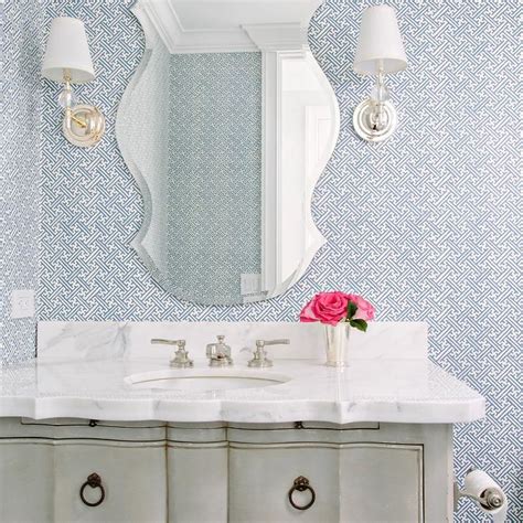 Gray French Washstand with Blue Maze Wallpaper - Transitional ...