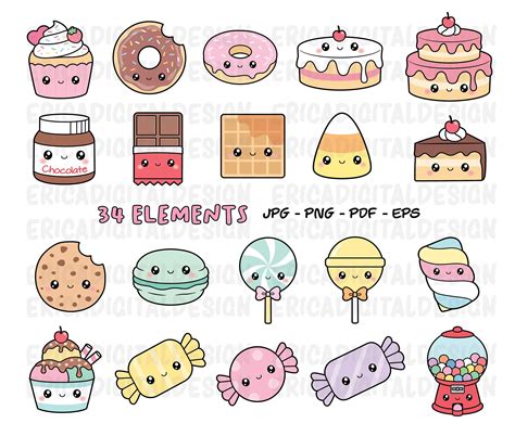 Kawaii Sweets Clipart Cute Sweet Candy Clipart Food Cake Donut - Etsy | Kawaii clipart, Kawaii ...