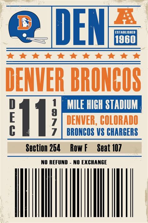 Denver Broncos Retro Ticket Print | Ticket printing, Denver broncos, Broncos