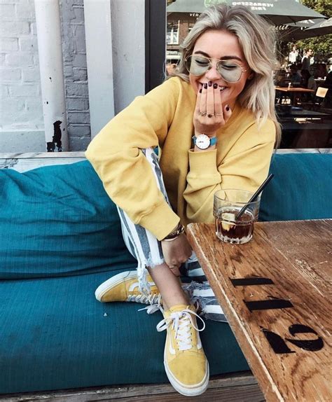 Striped pants, light yellow long sleeve t shirt, watch, yellow vans, casual spring outfit ...