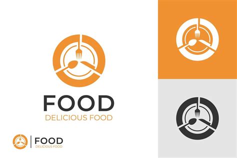 restaurant delicious food logo emblem style vector symbol design with plate, fork and spoon ...