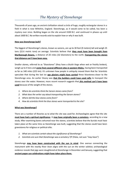 The mystery of stonehenge teachers copy with key - The Mystery of Stonehenge Thousands of years ...