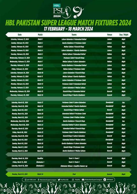 Pakistan Super League (PSL) Schedule 2024 PDF Download - SPORTS GANGA