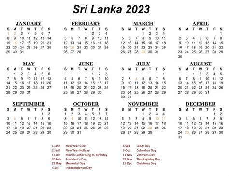 Sri Lanka 2023 Calendar with Holidays | Your Printable Calendar