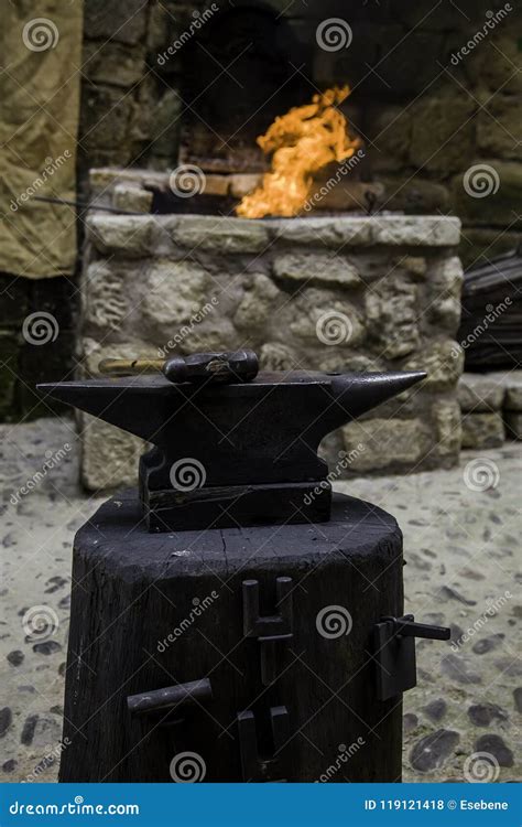 Coal fire in a forge stock photo. Image of hammer, craft - 119121418