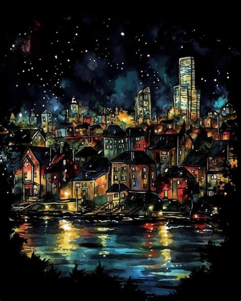 Premium AI Image | A painting of a city at night with the lights on.