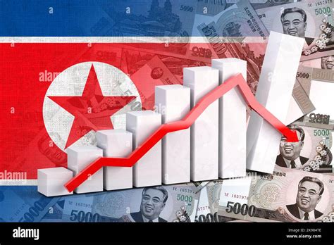 Economy Graph: Down Arrow, North Korean Flag and North Korean Won Cash ...