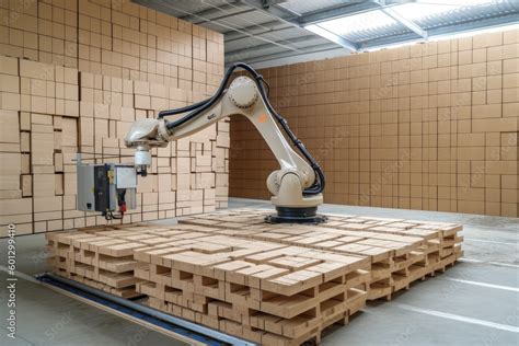 palletizing robot, handling and stacking wooden pallets in warehouse, created with generative ai ...