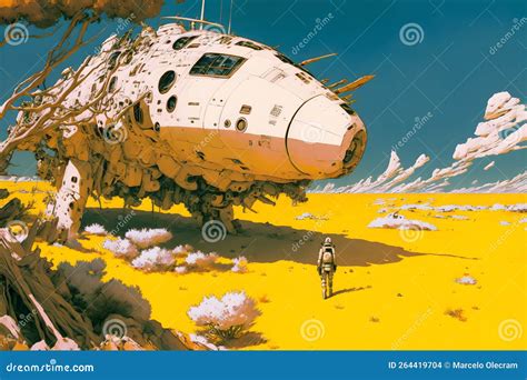 Manga Style Drawing of a Future Dystopian Landscape with Abandoned Starship. Surreal Painting ...