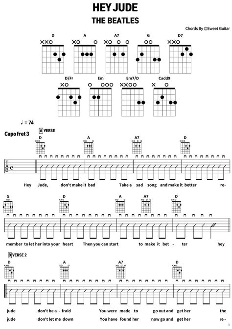 Hey Jude Easy Guitar Chords Chart ㅣ 헤이쥬드 쉬운 기타 코드악보 비틀즈 Beatles Tutorial Sheets