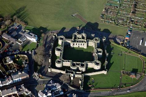 Beaumaris Castle, Isle of Anglesey, Wales, UK. From above you can see the symmetric and ...