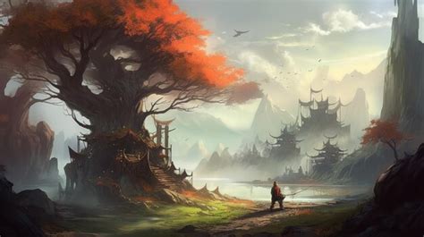 Premium AI Image | A painting of a man walking in front of a tree with a red tree in the background.