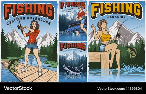 Set of vintage fishing posters with pin up girls Vector Image