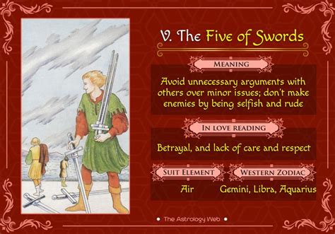 The Five of Swords card upright and reversed meaning, reading in love and other situations, what ...