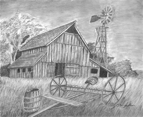 This is a original 14x17 pencil drawing of a old barn and farm. Their is a protective coating to ...