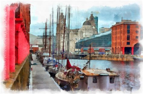 A digitally constructed painting of The Albert Dock Liverpool UK in ...