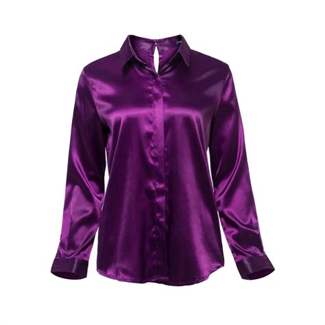 Fashion Women Office Satin Shirts Tops Purple Turn down Collar Long Sleeve Blouse Lady European ...