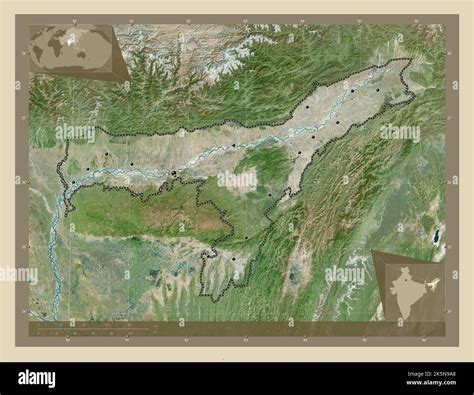 Assam, state of India. High resolution satellite map. Locations of ...