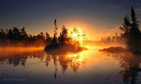 Foggy Fall Morning Sunrise Behind the Island on Fenske Lake along the ...