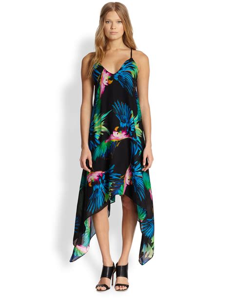 MILLY Silk Printed Handkerchief-Hem Dress in Black - Lyst