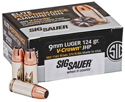 Sig Sauer Elite V-Crown 9mm Luger Ammo 124 GR Jacketed Hollow Point 20 Rounds | Ammo Sales