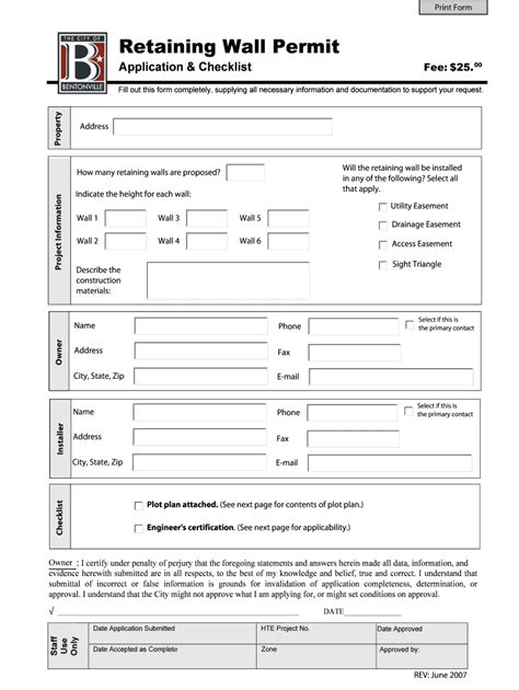 Fillable Online Retaining Wall Permit - City of Bentonville Fax Email ...