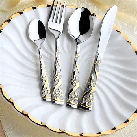 4pcs/Lot Western Stainless Steel Flatware Sets Gold Plated Cutlery Set Dinner Set Tableware ...