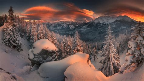 Forest Mountain Nature Snow Sunset Winter HD Nature Wallpapers | HD ...