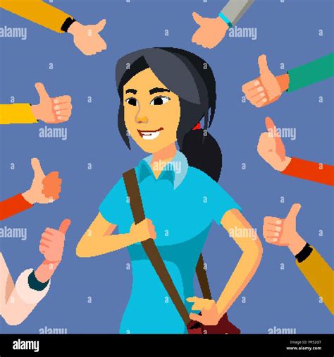 Thumbs Up Business Woman Vector. Public Approval. Asian Worker. Surrounded By Hands. Business ...