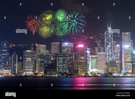 Fireworks Festival over Hong Kong city, view from Victoria Harbour ...