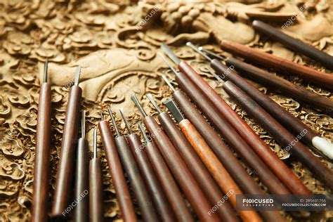 Traditional chinese woodworking engraving tools, close-up view ...