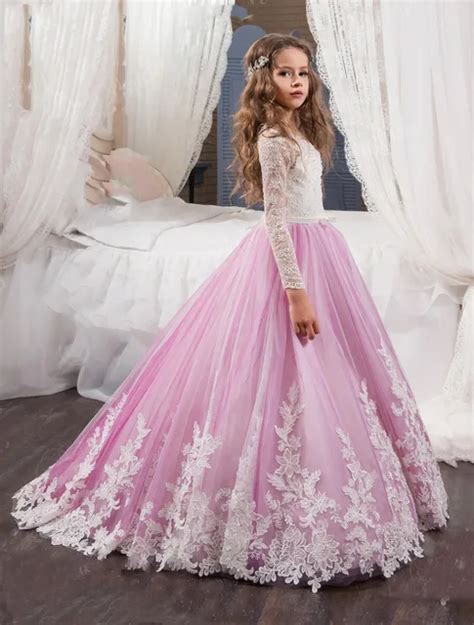 2017 Princesse Manches Longues En Dentelle Fleur Fille Robes 2017 Robes Puffy Rose Enfants de ...