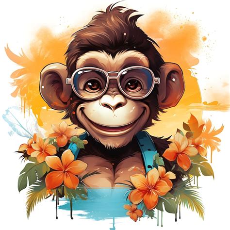 Premium AI Image | Tshirt Design of Monkey Portrait Wearing a Hawaiian Aloha Shirt Swinging From ...