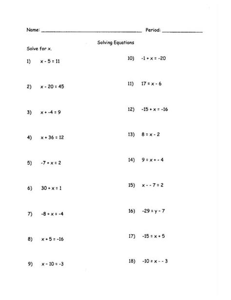 Solving Equations Review Worksheet Algebra 1