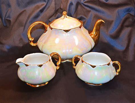 Vintage Ellgreave Pottery Co., Burslem England, Iridescent Tea Set, Teapot, Creamer, Sugar Bowl ...