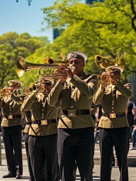 Premium AI Image | A band of soldiers marching in a parade with trees in the background.