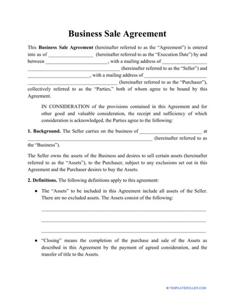 Business Sale Agreement Template - Fill Out, Sign Online and Download PDF | Templateroller