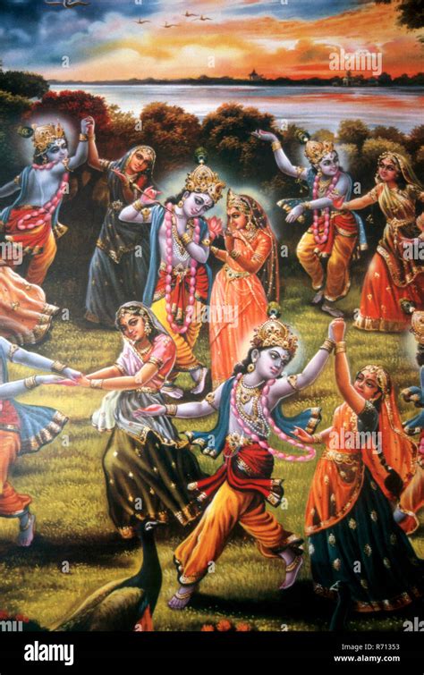 miniature painting of lord krishna with gopis Stock Photo - Alamy