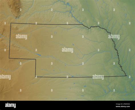 Nebraska, state of United States of America. Colored elevation map with ...