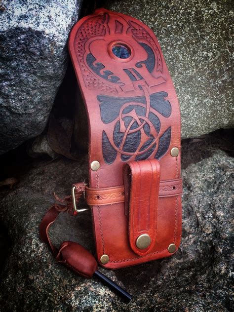 Leather Altoids tin fire starter belt pouch . Norse dragon with magnifying glass eye . Optional ...