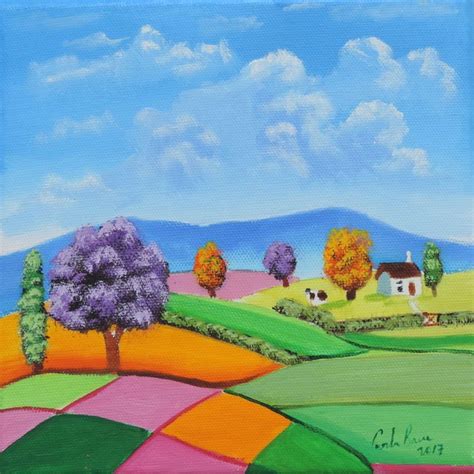 "Rolling hills folk art 8" x 8"" by Gordon Bruce. Oil painting on ...