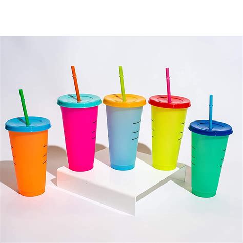 5 pack Bright Color Changing Cold Cups. 24 oz Reusable Cups with Lids & Straws, Party Plastic ...