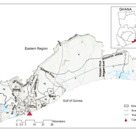 Map of Greater Accra Region with 29 districts and neighbouring regions.... | Download Scientific ...