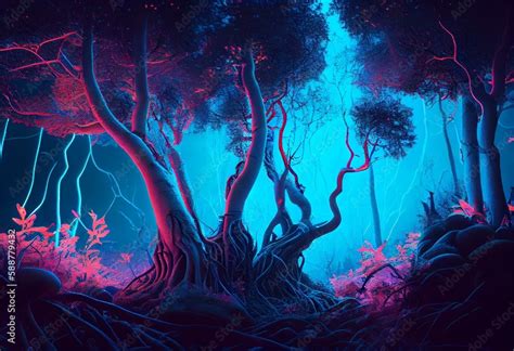 Enigmatic imagined neon forest, digital cg art, concept illustration ...